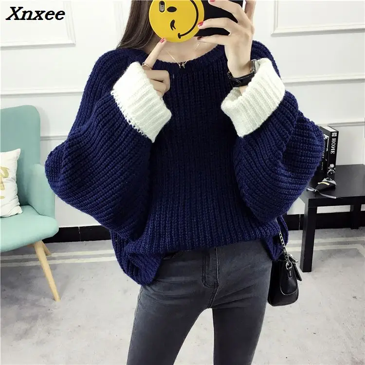 2018 Autumn sweater women pullover knitted knitted top for winter Sweater Leisure bat sleeve loose pullover sweater Female Xnxee