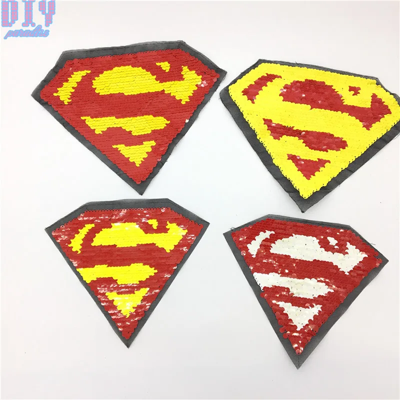 

50pcs Superman Reverse Sequins Sew On Patches for clothes Kids T Shirt Change color Embroidered Reversible Patch