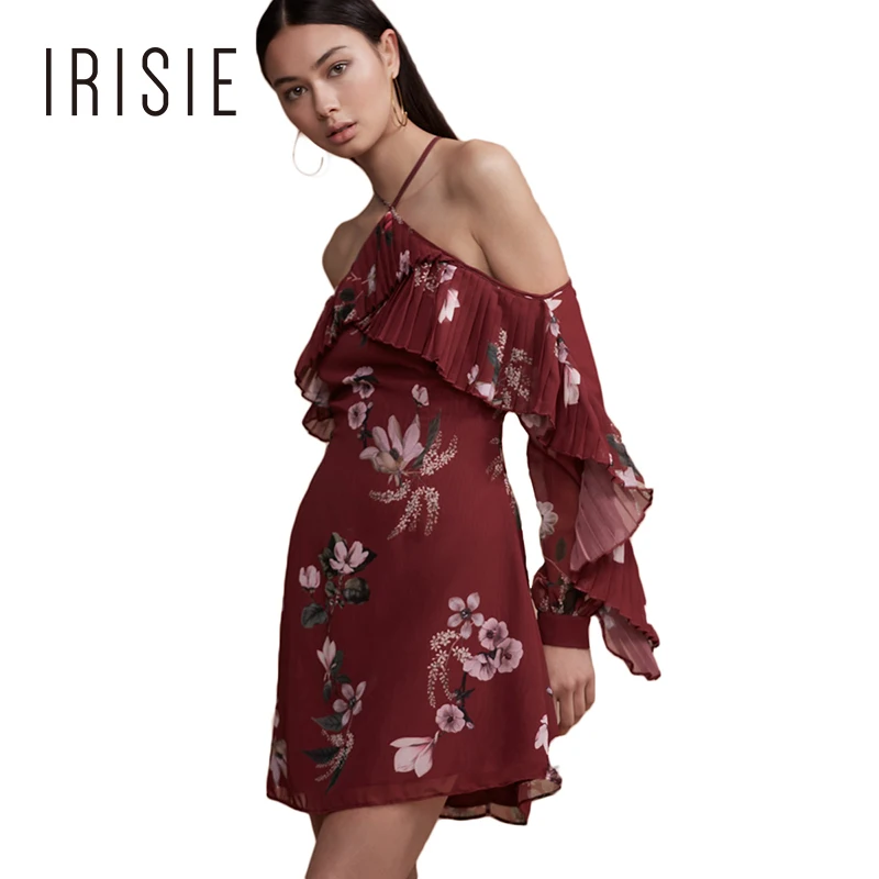 IRISIE Women Sexy Frills Patchwork Floral Print Off Shoulder Halter Mini Dress Vintage Long Sleeve Red A Line | Женская одежда