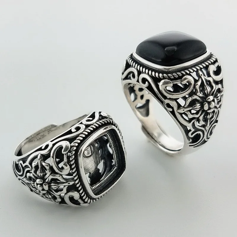 

Natural Black Onyx Oval Stone Solid Silver 925 Rings Men Wide Band Real Sterling Silver 925 Thai Silver Cool Mens Jewelry Gifts