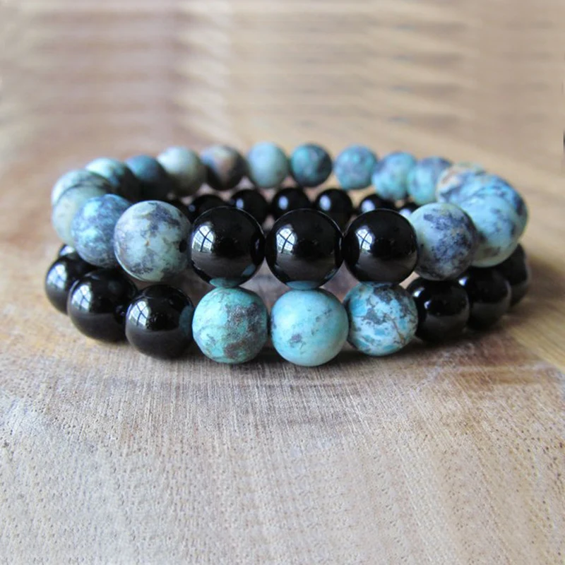 Beaded Bracelets Set Black Onyx And Matte African T-urquoise Mala Bracelet Couples For Boyfriend Girlfriend | Украшения и