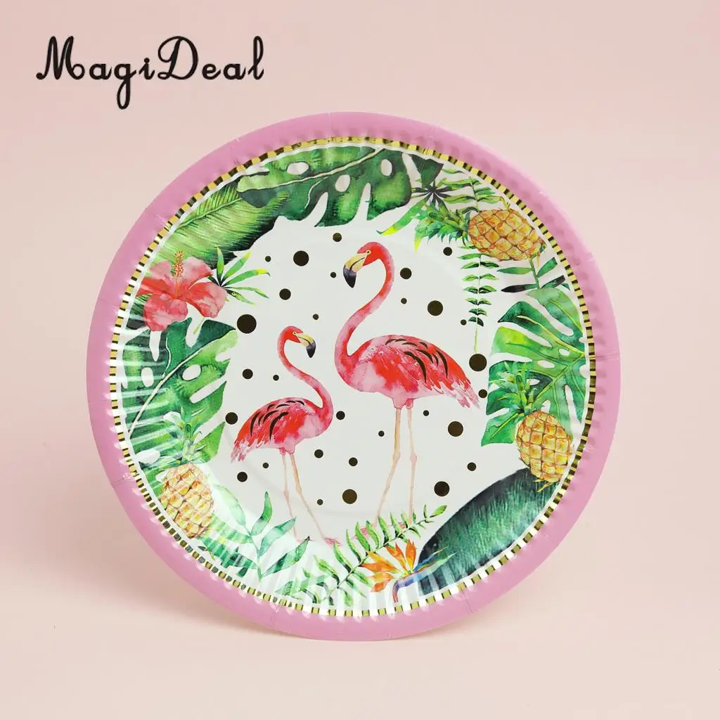 MagiDeal 10x Pink Green Watercolor Flamingo Paper Plates Disposable Party Tableware