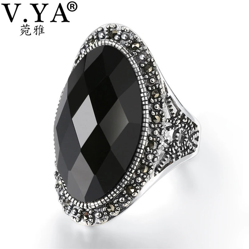 V. YA регулируемое 925 Серебряное большое кольцо для женщин черное ювелирное изделие с красными камнями винтажные юбилейные вечерние кольца высокого качества