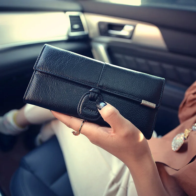 Genuine Leather Women Long Purse Leisure Wallet Clutches Solid Hasp