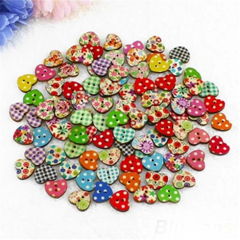 

100Pcs Beautiful Multicolor Heart Shape 2 Holes Wood Sewing Buttons Scrapbooking Knopf Button