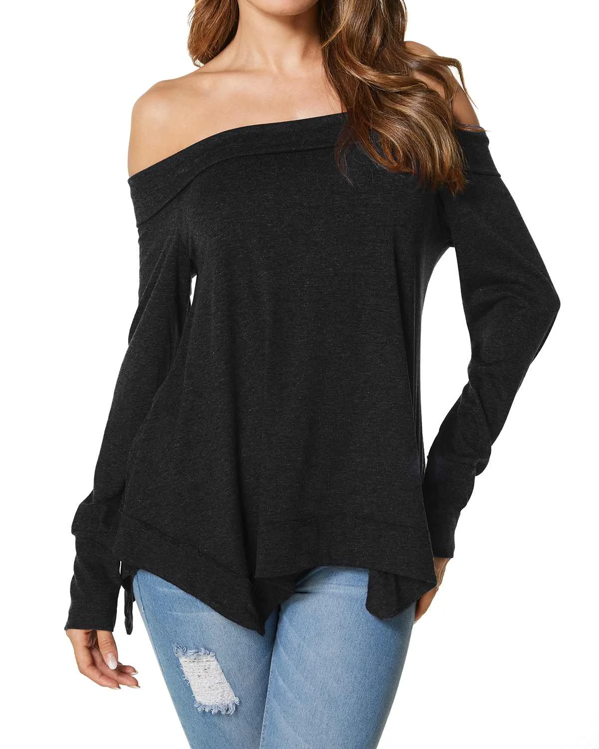 

2019 Autumn Women Blouse Tops Casual Loose Sexy Slash Neck Cold Shoulder Long Batwing Sleeve Irregular Pullover Tops Shirts 2XL
