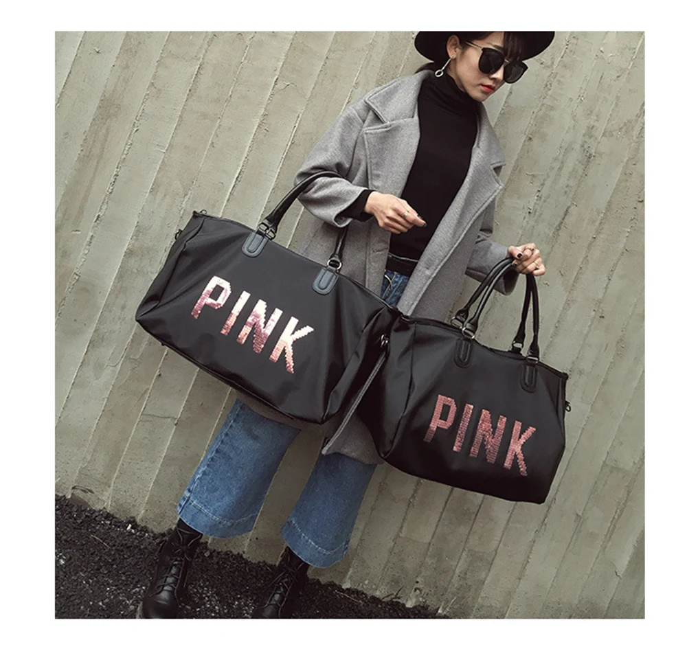 2019 Wobag Ladies Black Travel Bag Pink Sequins Shoulder Bag Women Handbag Ladies Weekend Portable Duffel Bag Waterproof Wash14
