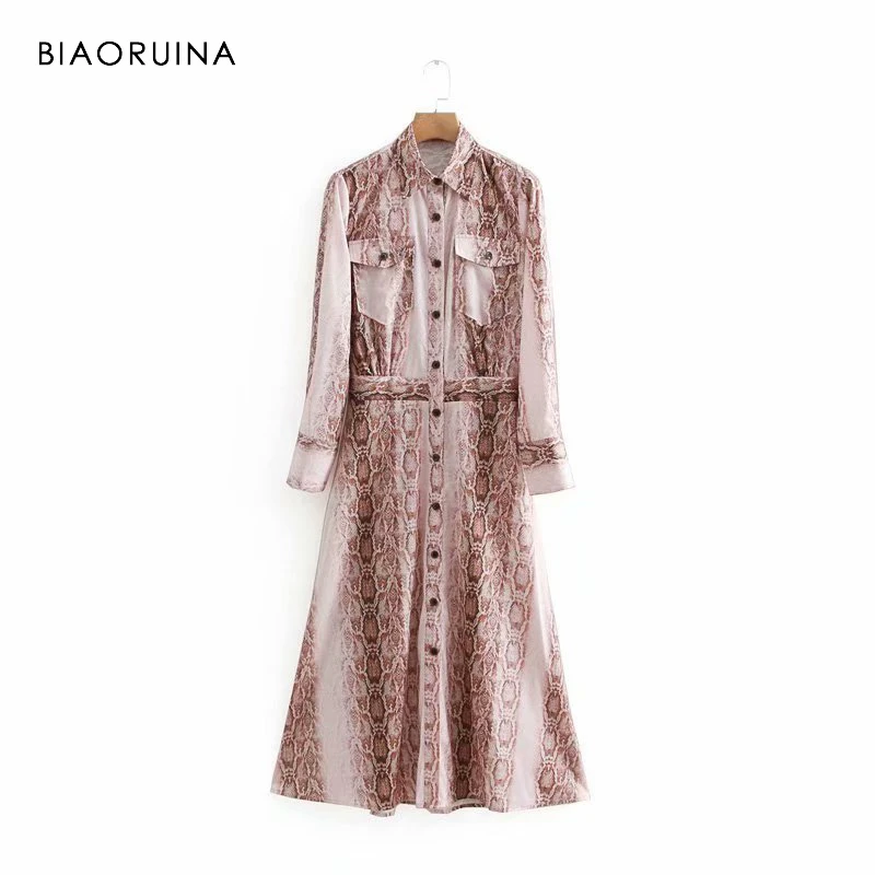 

BIAORUINA Women Vintage Snakeskin Printed Long Dress Turn-down Collar Single Breasted Women's Casual A-line Dress Vestidos