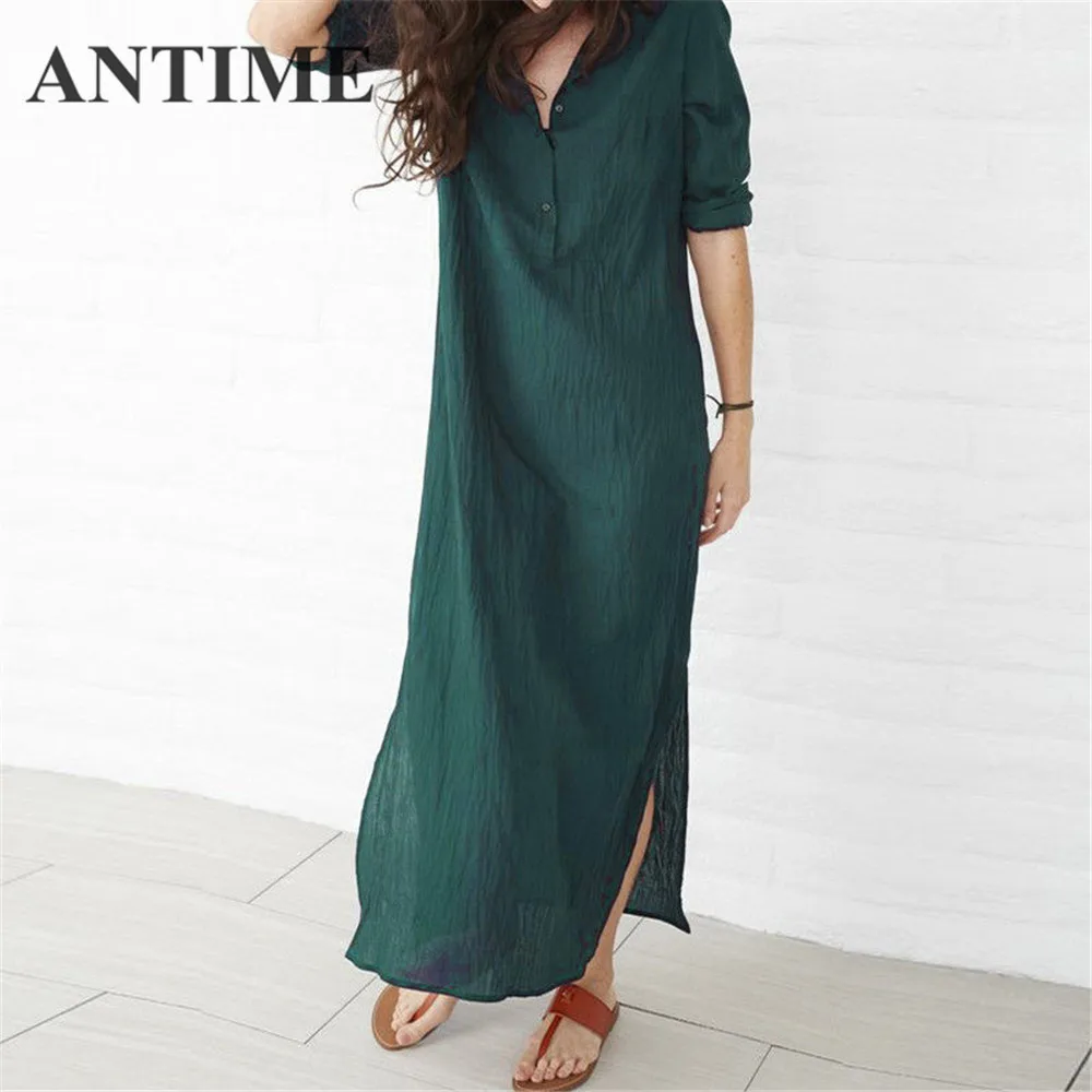 

ANTIME Maxi Split Elegant Dresses Women Casual Dresses for Beach Spring Autumn with Buttons Green Long Sleeve Linen Dress 5XL