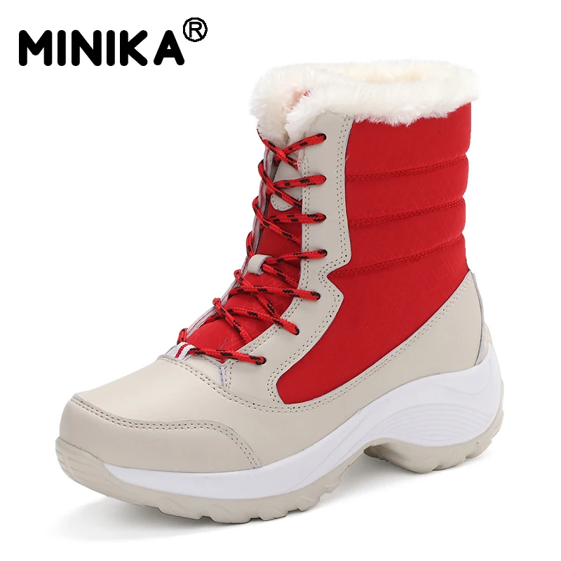 Minika Women Snow Boots Thick Fur Cotton Plush Shoes Female Winter Warm Ankle Boots Thick Bottom