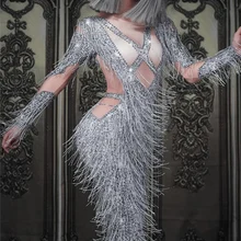 Боди с серебряными кристаллами и кисточками, Женский танцевальный костюм, цельный комбинезон с бахромой, большой эластичный комбинезон из спандекса, наряд