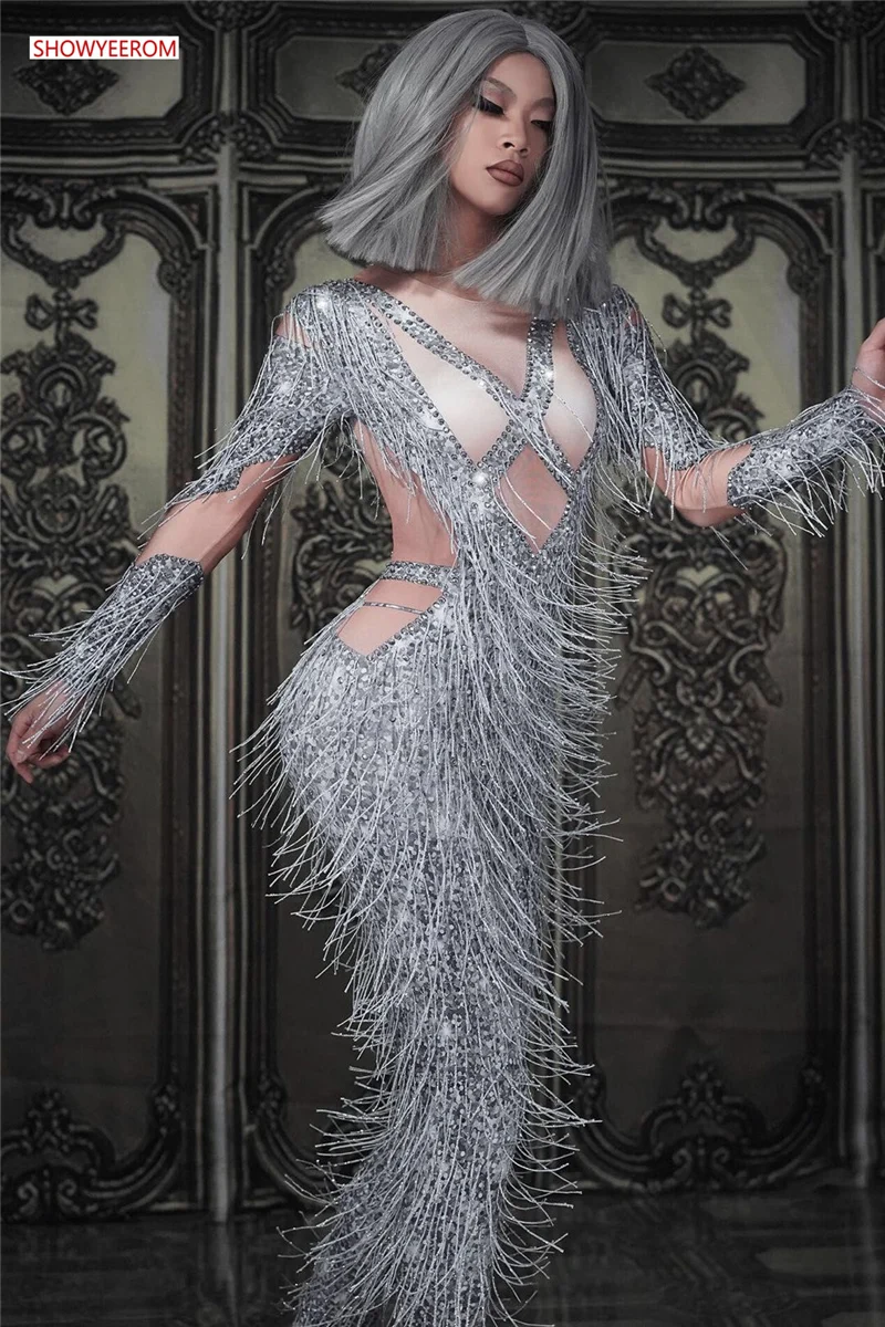 

Silver Crystals Tassel Bodysuit Women Stage Show Dance Jumpsuit Costume One-piece Fringes Big Stretch Spandex Rompers Outfit