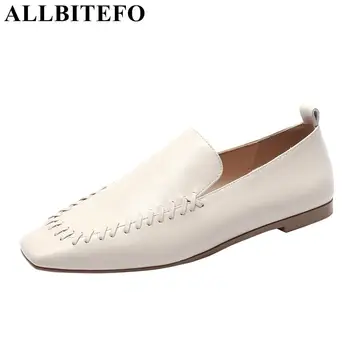 

ALLBITEFO fashion soft natural genuine leather women flats shoes woman Spring square toe flat heel shoes ballet flats Flattie