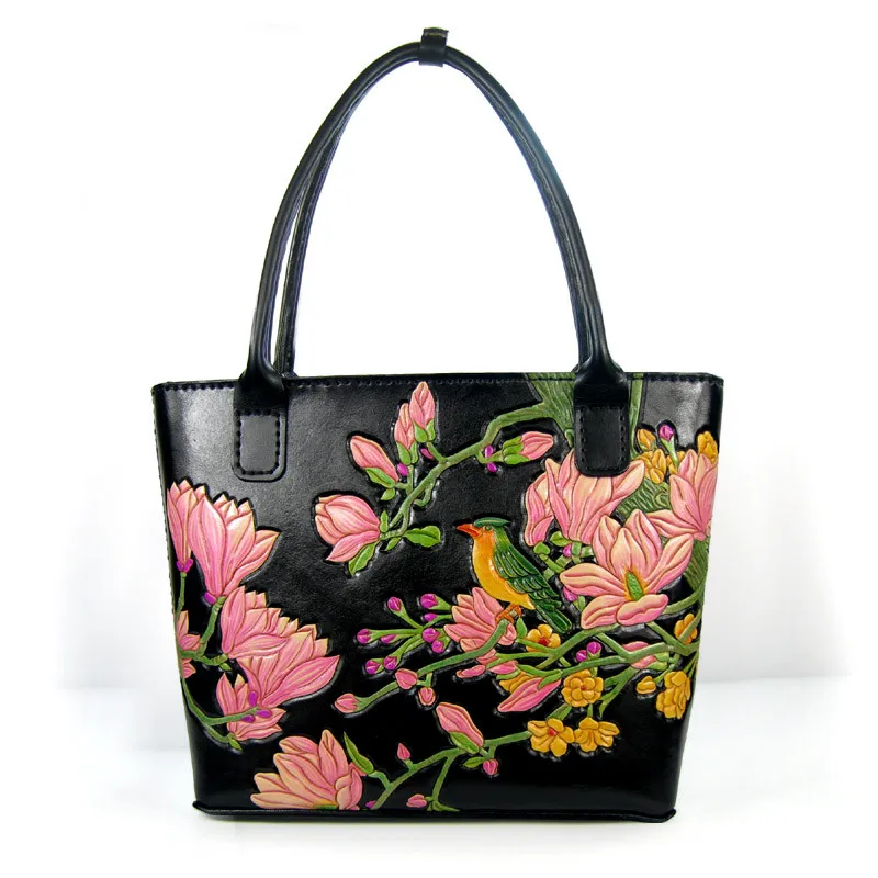 

Hand Carving Magnolia Genuine Leather Handbag Bucket Women Handbags Messenger Bags Lady Vegetable Tanned Leather Bag