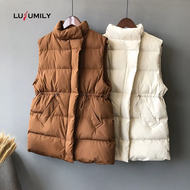 

Lusumily Winter Vest Chalecos Para Mujer Winter Jacket Women Long Vests New Korean Stand-up Collar Cotton Waistcoat Gilet Female