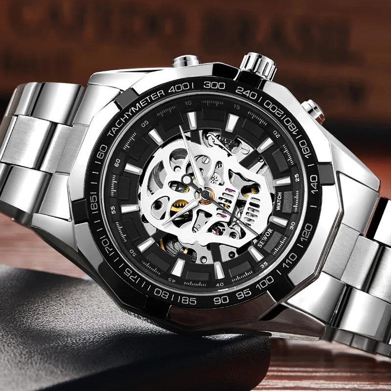 

Men Watch Skeleton Automatic Mechanical Male Clock Top Brand Luxury Sport Military Army SEWOR Skull Wristwatch relogio Masculino