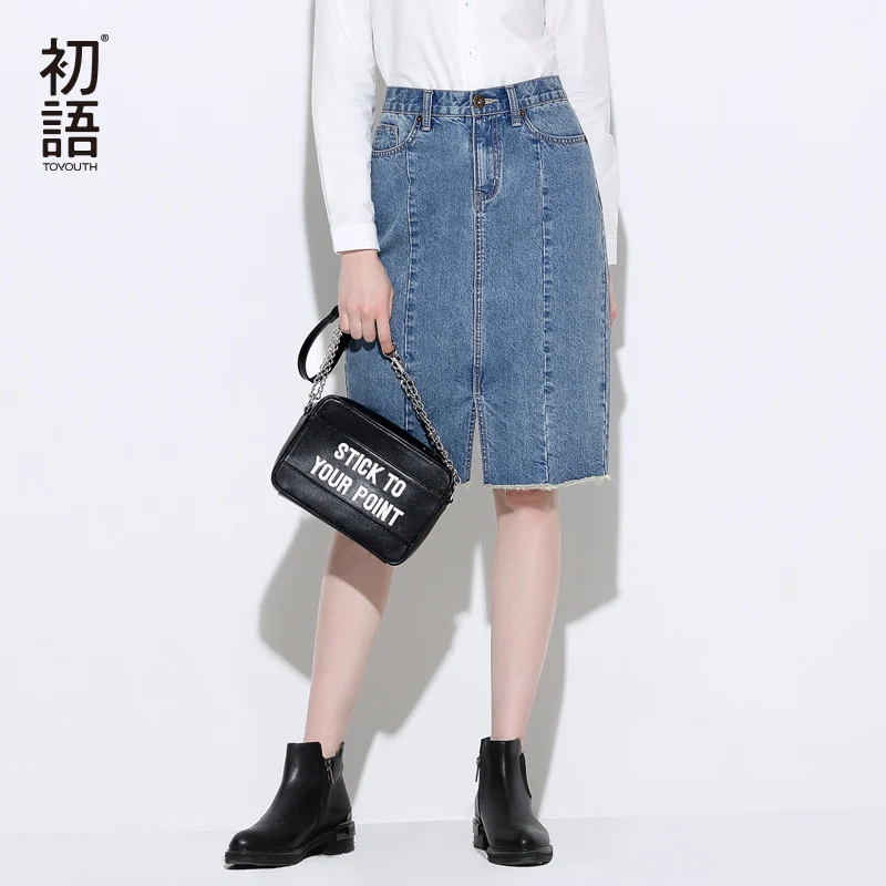 Image Toyouth Skirts 2017 Spring New Women Fashion Straight Knee Length Natural Waist Slim Jeans Skirts Female