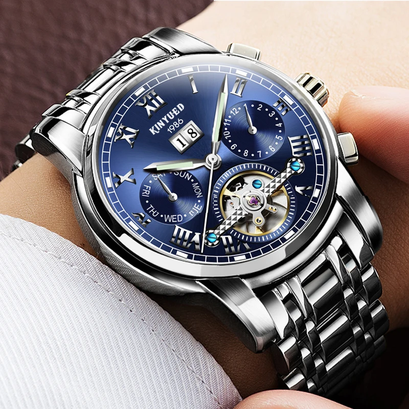 Mecânicos de Aço Automático à Prova Kinyued Relógios Inoxidável Masculino Tourbillon Relógio Dwaterproof Água Calendário Marca Superior 2020
