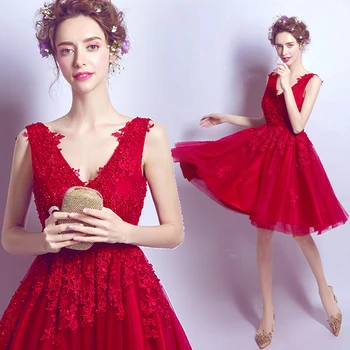 

Backlakegirls Vintage Candy Red Prom Dresses Rhinestones Short Dress V-neck Elegant Embroidery Flowers Lace Evening Gowns 2018