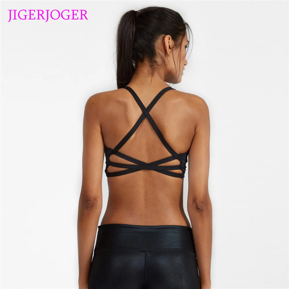

JIGERJOGER 2018 Polyamide sports Bra Cross back open halter neck Yoga Bra Tops gym apparel exercise workout gear Shapers camis
