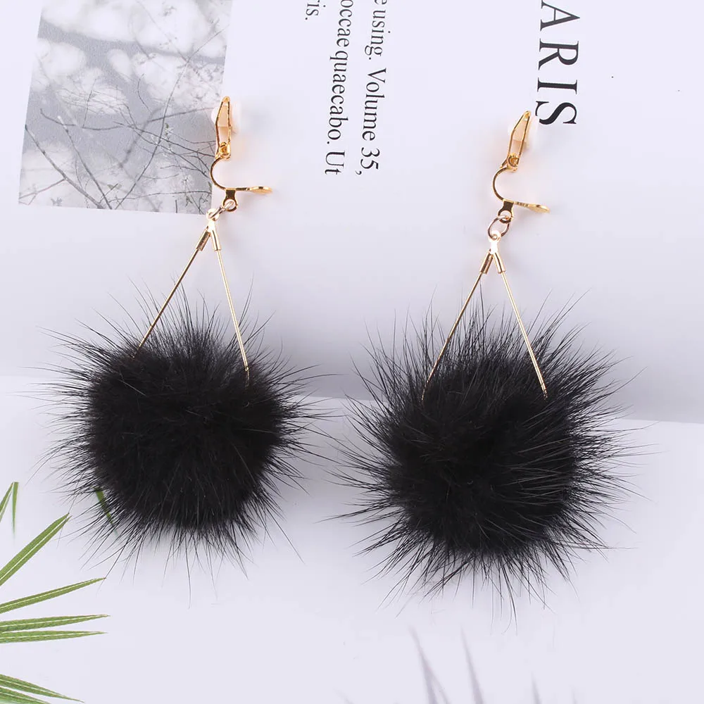 Rabbit Fur Ball PomPom Long wedding clip on earrings for Women Unique Soft Pom Pom Ear Earring Jewelry Cute Christmas Gift