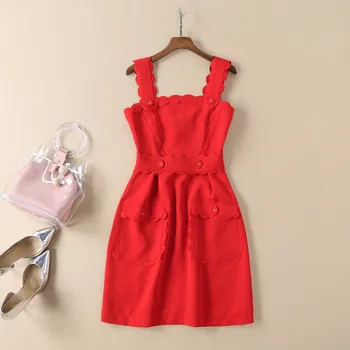 

European and American women's dress 2019 spring new style sleeveless pocket Fashion red Condole belt dress