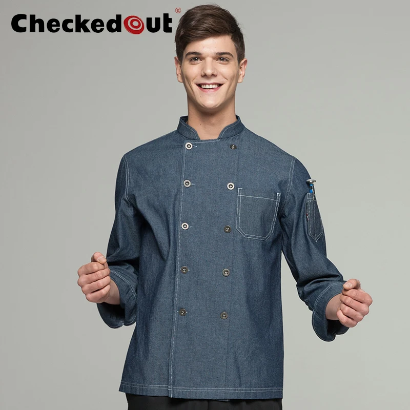 

New Fashion Restaurant Hotel Kitchen Chef Coats Jackets Uniform Long Sleeves Unisex Chambray Blue Ashes