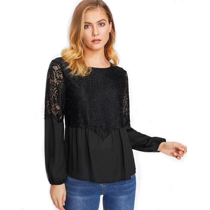 Casual Women Loose Chiffon Long Sleeve Lace Floral O Neck Black White ...