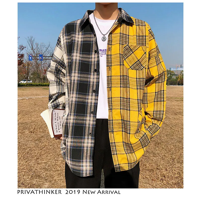 

Korean Plaid Shirts For Men 2019 Fashion Patchwork Long Sleeve Casual Shirt Hip Hop Streetwear Man Blouse