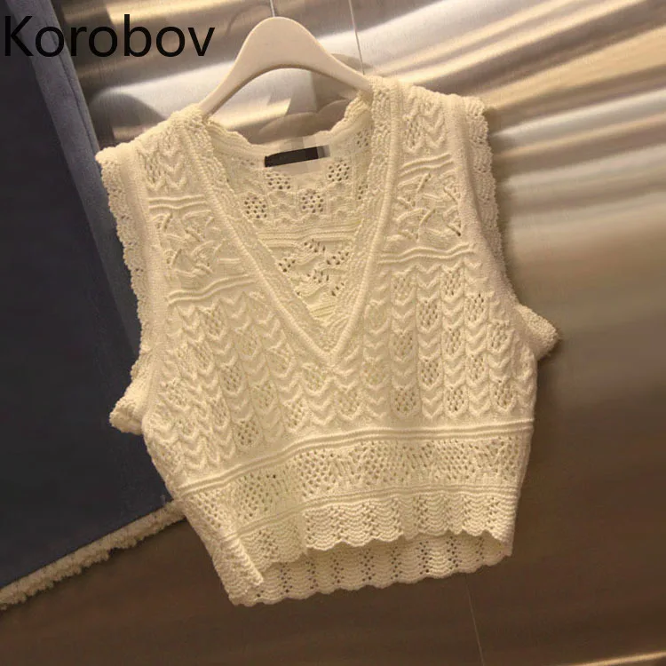 

Korobov Summer New Korean Hollow Out Tank Top V Neck Knit Short Camis Sleeveless Vest Boho White Crop Top Women Clothing 77880
