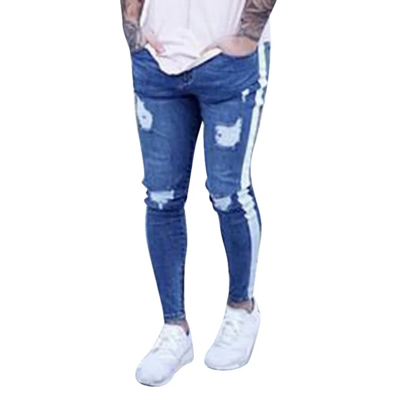 

Oeak Mens Jeans 2019 New Sexy Ripped Hole Stretch Denim Trousers Male Straight Casual Stripe Streetwear Pencil Pants