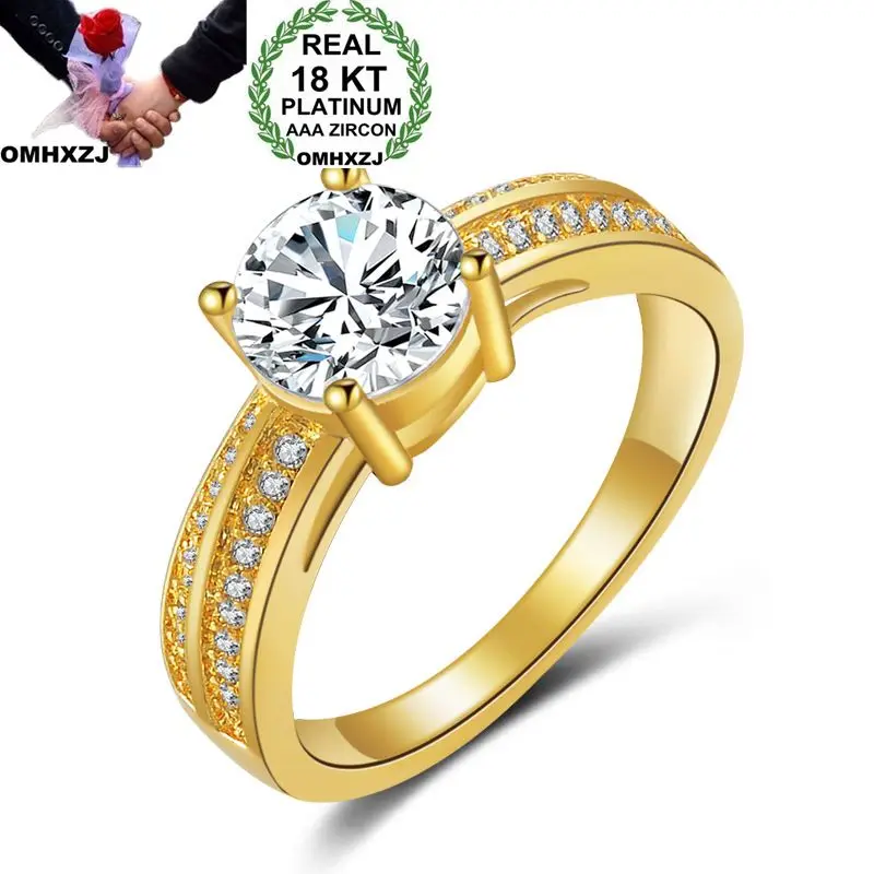 

OMHXZJ Wholesale Personality Fashion OL Woman Girl Party Wedding Gift Gold White Simple AAA Zircon 18KT Yellow Gold Ring RN21