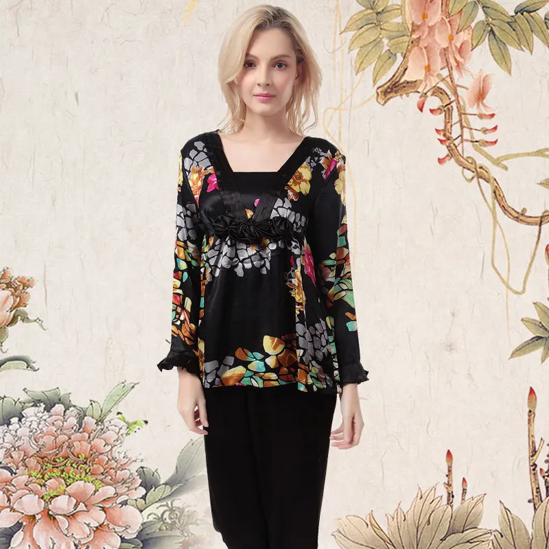 Womens Satin Pajamas Long Sleeve Pullover Black Flower Print Satin