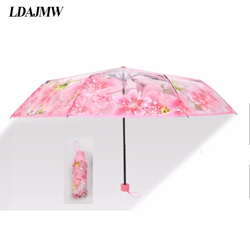 

LDAJMW Transparent Cherry Tri-fold Umbrella Rain Women Men Sun Rain Compact Folding Windproof Sunshade Clear Student Umbrella