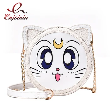 

Black & White Cute Cartoon Cat Print Round Pu Girl's Chain Purse Crossbody Mini Bag Handbag Shoulder Bag For Women Bolsa Flap