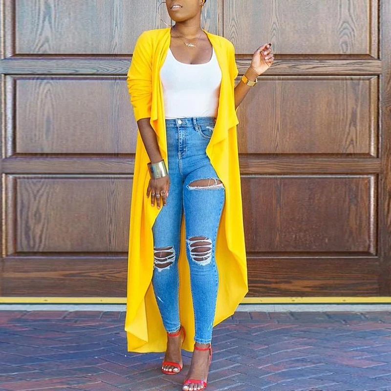 

Plus Size Ladies Outwear Cardigan Irregular Yellow Autumn Women's Loose Long Sleeve Blouse Female Open Stitch Shirt Outwear