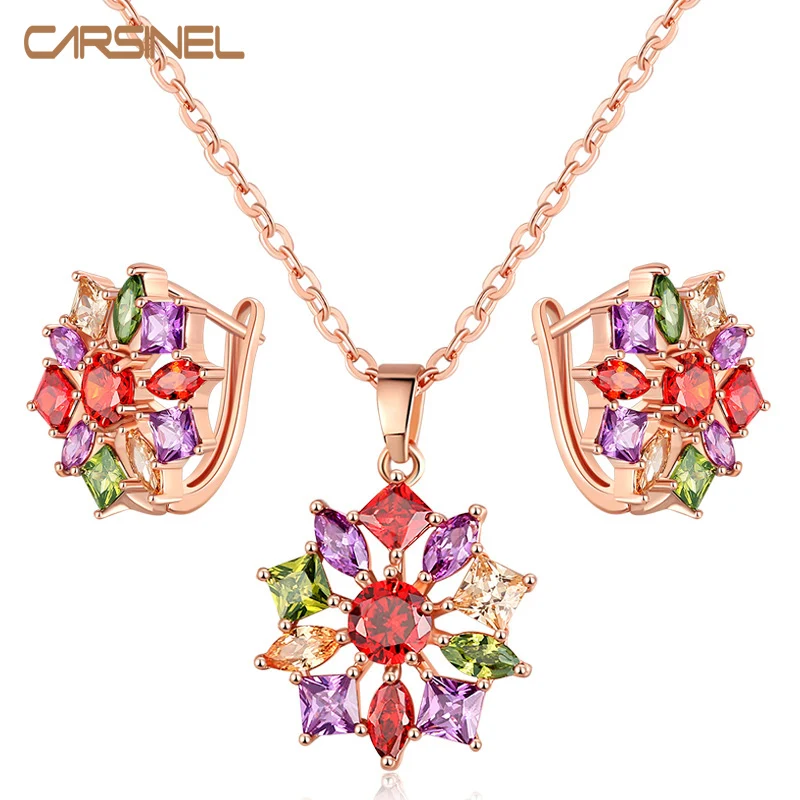 

CARSINEL Luxury Flower Gold Color Jewelry Sets For Women Wedding with Colorful AAA Cubic Zircon Wholesale JS0135