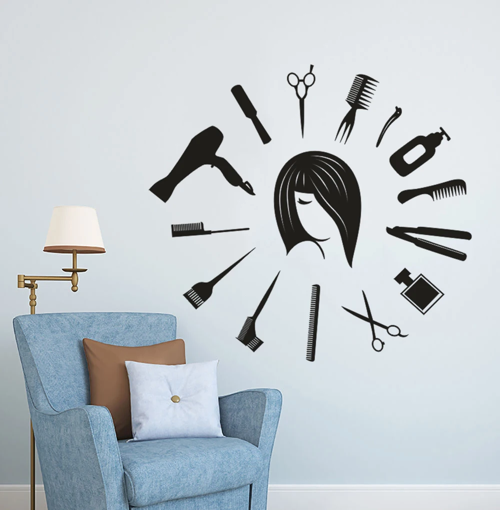 

Hair Salon Wall Window Decal Hair Tools Wall Sticker Hair Stylist Wall Mural Clock Shape Barber Shop Beauty Salon Decor AY1134