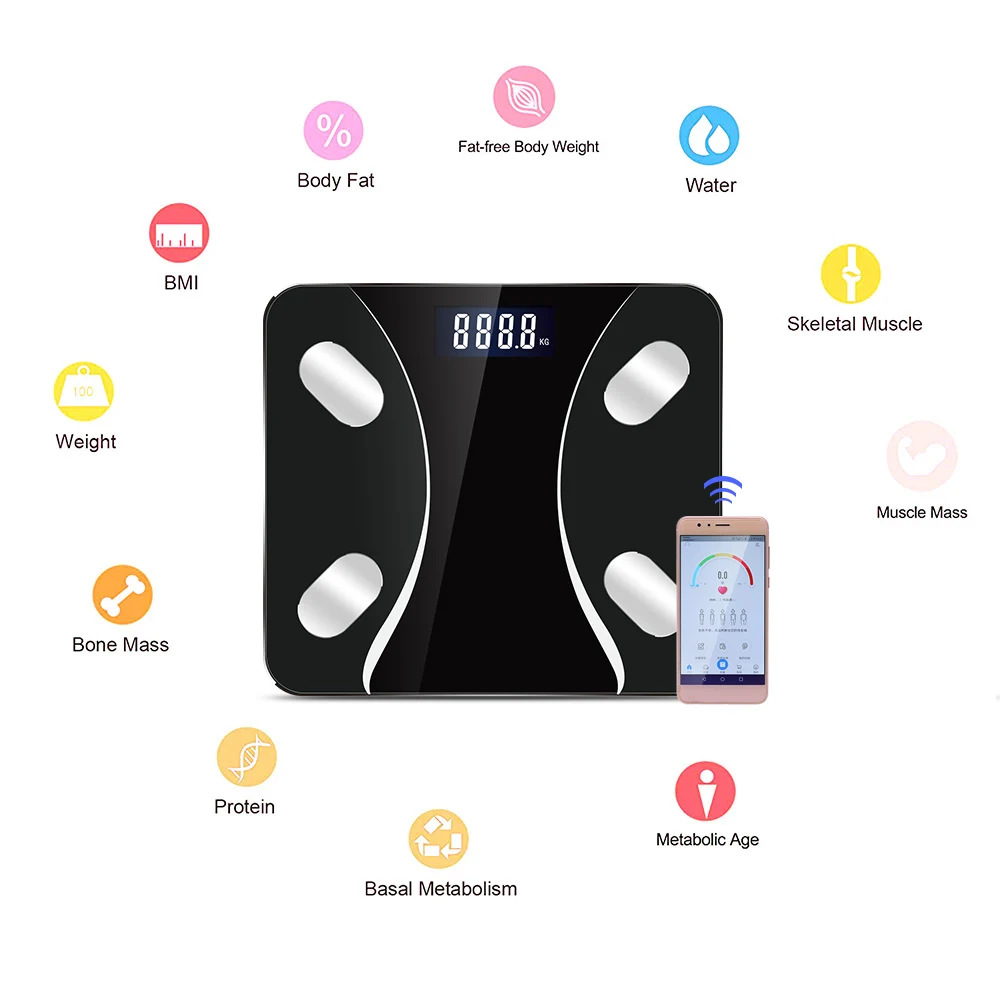 Смарт-весы BMI BT подключение жира весы тела жира Вес весы состава монитор со смартфоном приложение и 22 пункт данных черный
