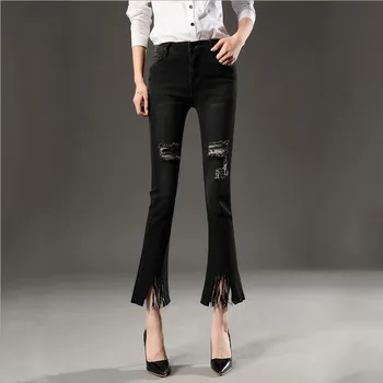 

1pcs Women hole Flared pencil jeans 2020 Sring Pure cotton broken hole high waist Jeans Ladies skinny pencil denim Flare pants