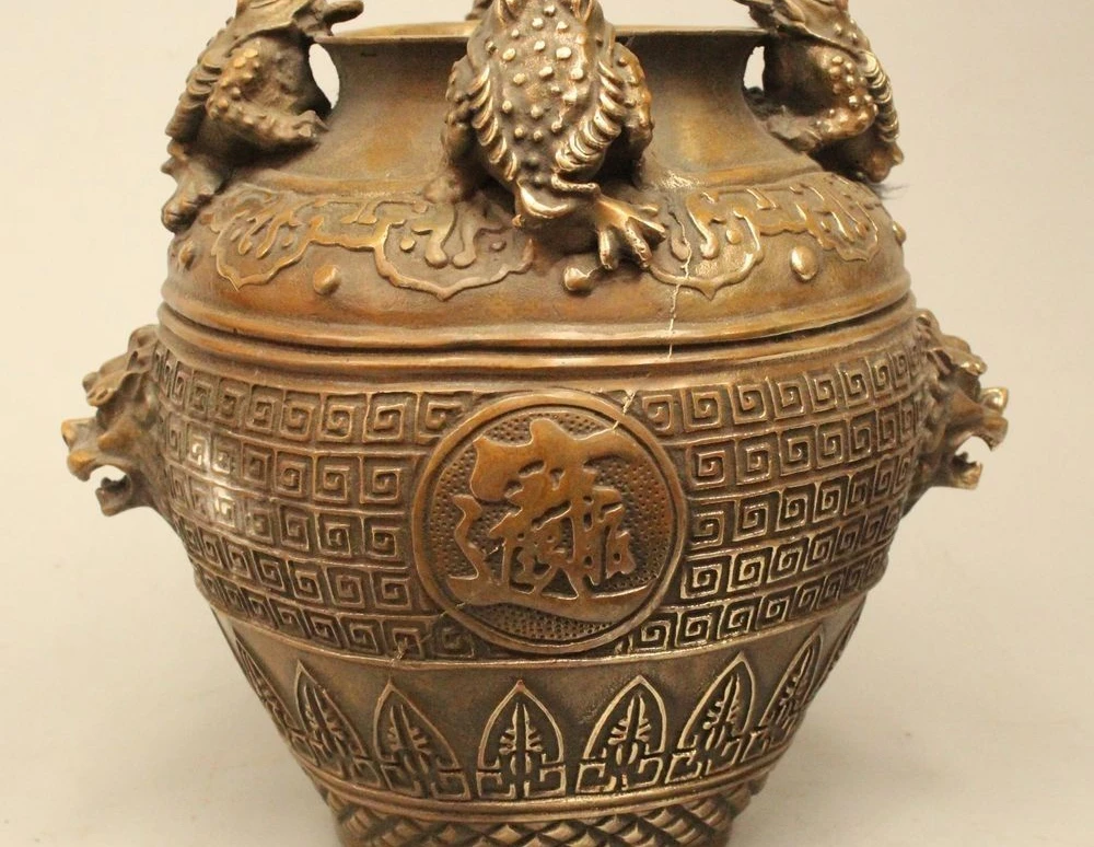 

9" Marked Chinese Bronze Golden Toad Spittor Money Wealth Pot Jar Crock Vase