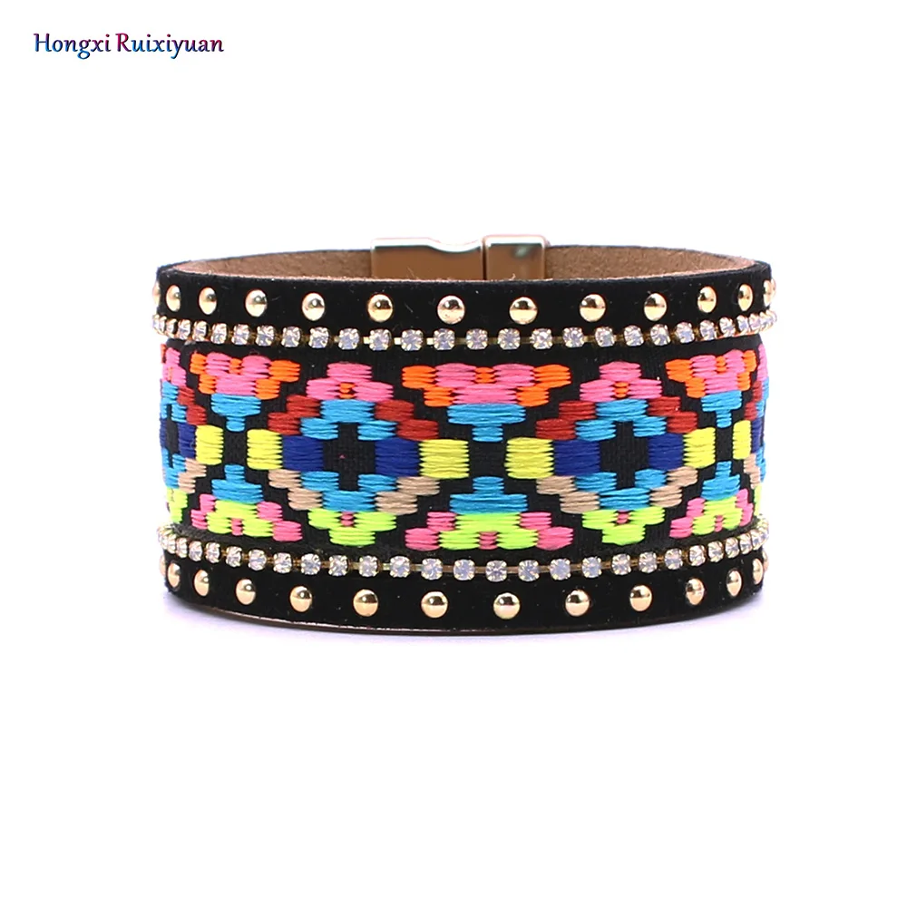

Onlyee Pink Wide Magnet Clasp Leather Bracelet Handmade Ethnic Bracelets for Women Cross Vintage Bangles&Bracelets Female Gift