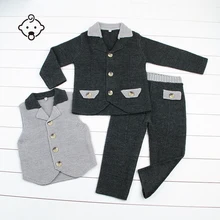 Костюмы для мальчиков, комплект с блейзером, жилетом и штанами, детская официальная одежда, вязаная одежда с длинными рукавами, модные вечерние вязаные костюмы для мальчиков на свадьбу