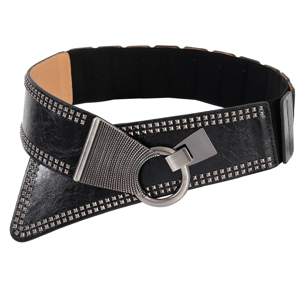

Fashion Punk Rocker Wide Belts for Women Elastic Wide European Style Women Belts Metal Round Buckle