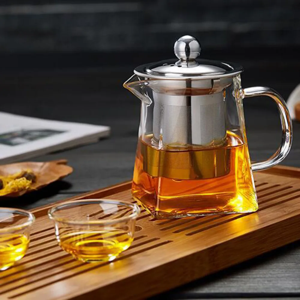 Clear Glass Sqaure Teapot High Temperature Resistant Loose Leaf Flower