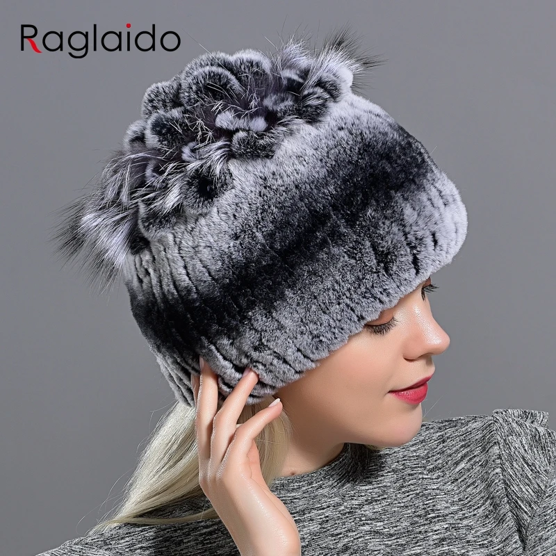Raglaido Fur Hats for Women Winter Real Rex Rabbit Hat Fox fur