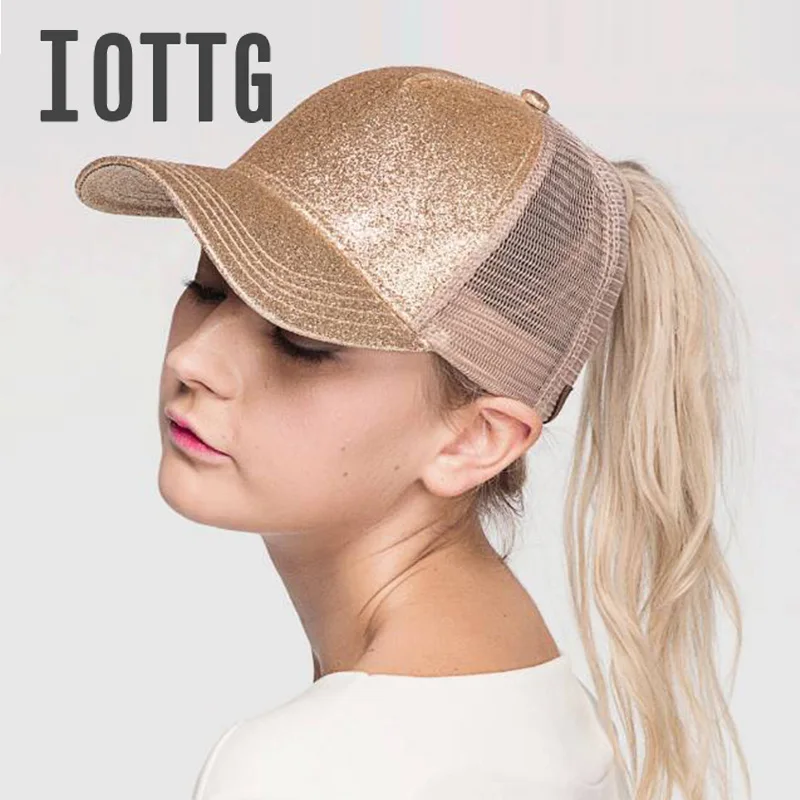 IOTTG WholeSale Drop Shipping CC Glitter Ponytail Baseball Cap Women Sports Messy Bun Girls Mesh Snapback Hat |