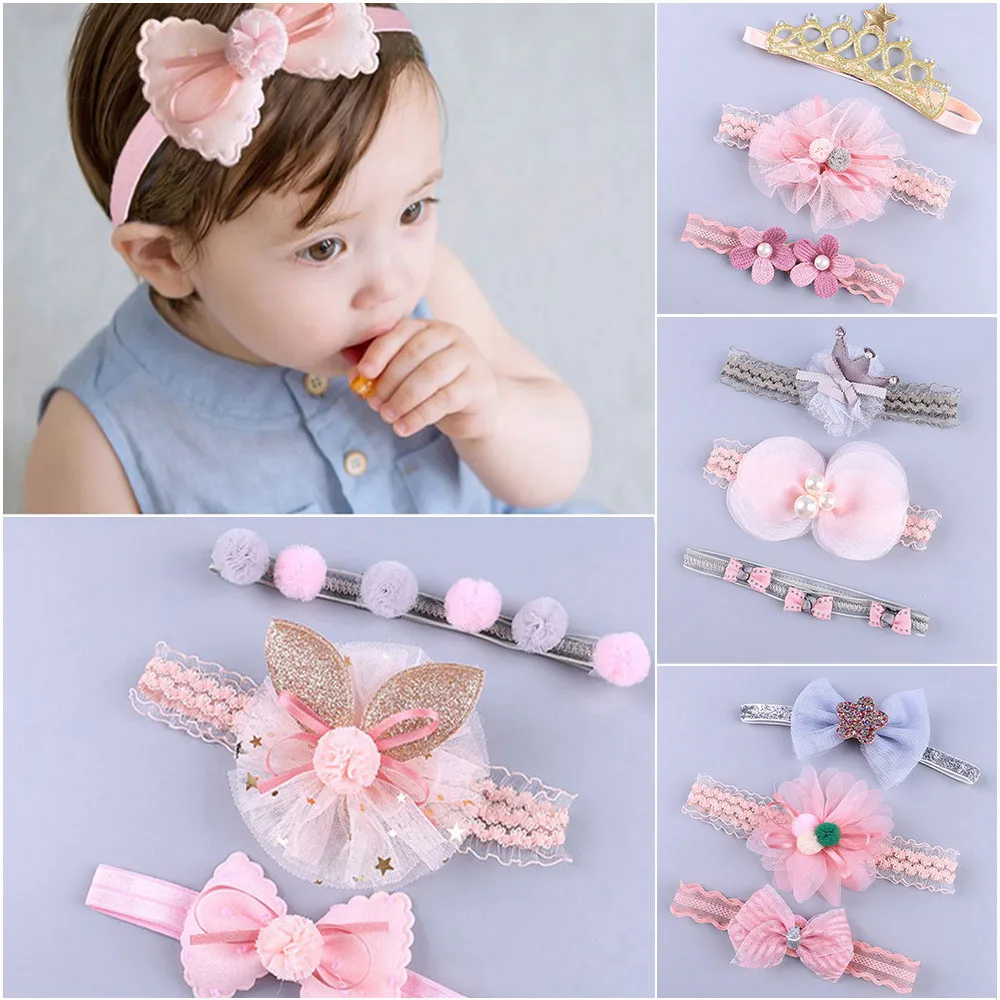 

Cartoon Cute 3Pcs Kid Headband Girls Baby Elastic Bowknot Accessories Lace Gift Hairband Set Drop Shipping