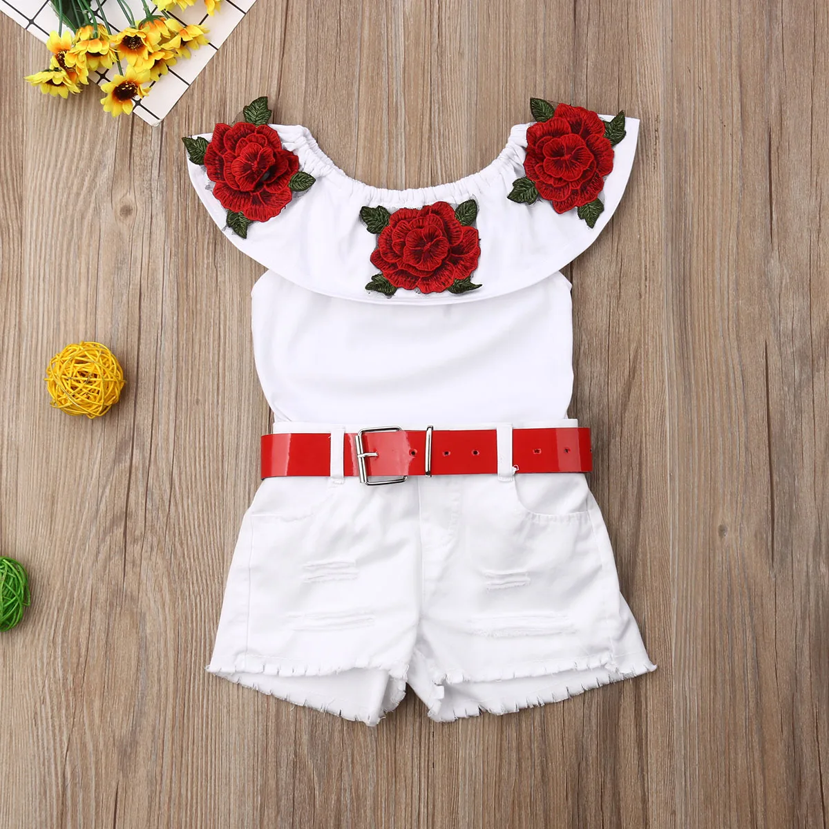 1-7Y Infant Kids Baby Girl Clothes Sets Off Shoulder 3D Rose Flower Cotton Top Skirt Outfit Set