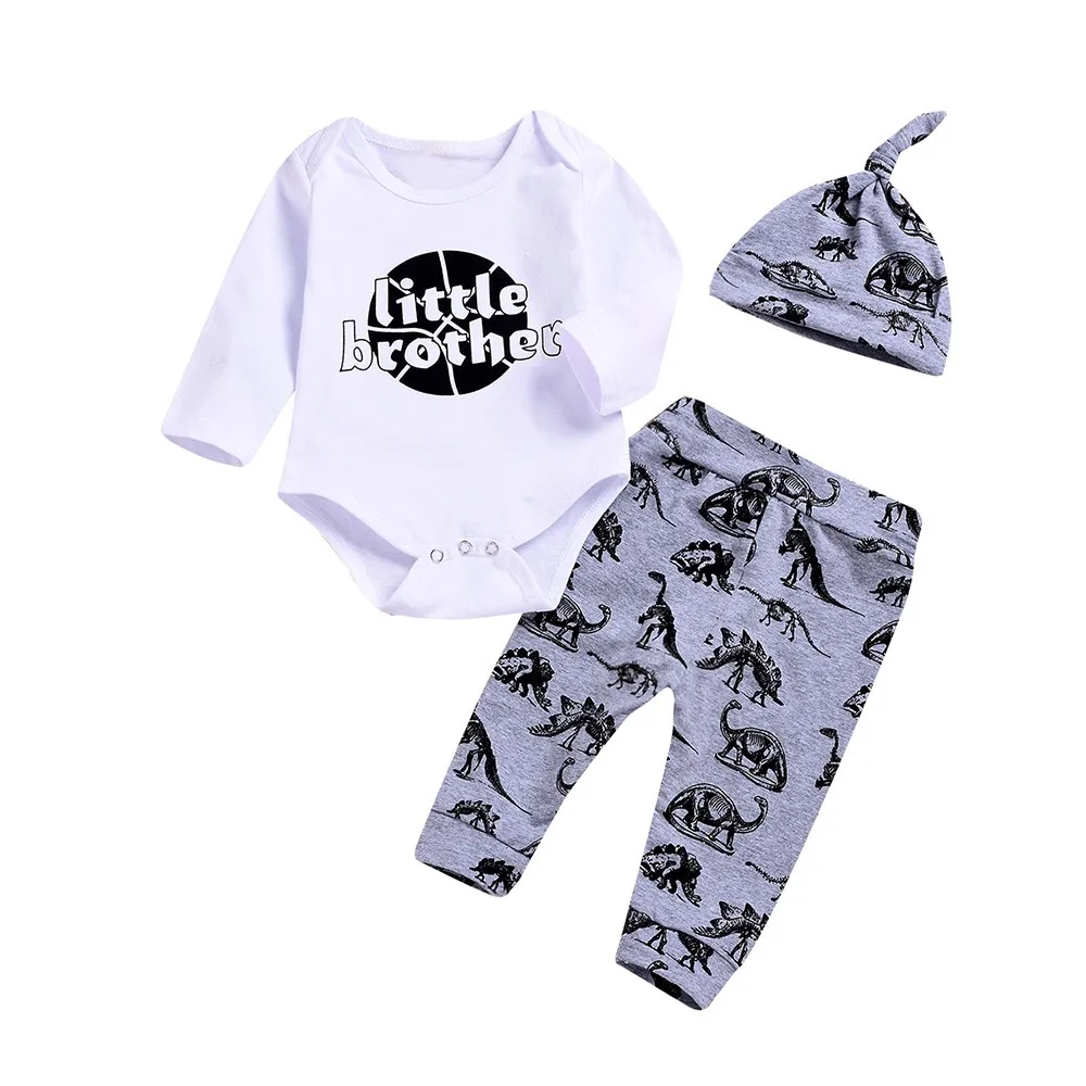 Fashion Newborn Baby boy Clothing Set 3PCS Toddler Letter Print Romper+ Dinosaur Pants+Hat Outfit dropshipping | Детская одежда и